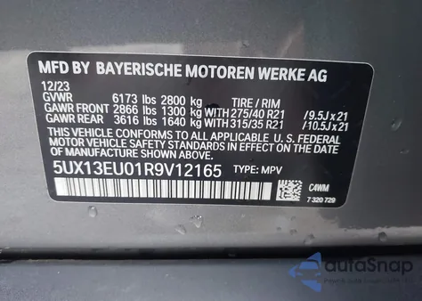 2024 BMW X5 Sdrive 40I из США, поврежденный, VIN 5UX13EU01R9V12165